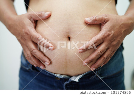 Asian woman show fat belly big size overweight and obesity at office. 101574896
