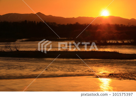 Kitakami City, Iwate Prefecture, Kitakami River at sunset 101575397