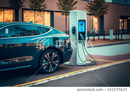 electrical vehicle near charging station in daytime summer urban environment, neural network generated art 101575623