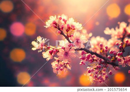 closeup view of blooming cherry or sakura with selective focus, bokeh and artistic light, neural network generated art 101575654