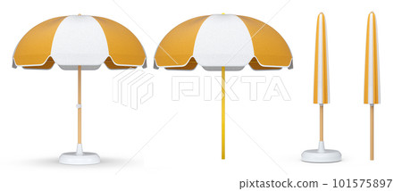 Set of striped beach umbrellas for summer getaways isolated on white background. 101575897