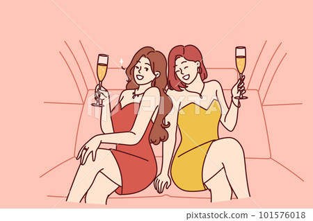 Celebrity women sit in luxury car with glasses filled with sparkling wine during bachelorette party Celebrity women sit in luxury car with glasses filled with sparkling wine during bachelorette party 101576018