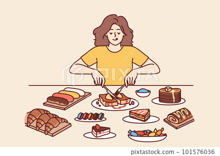 Woman overeats desserts sitting at table with sweet calorie food tasting cakes forgetting about diet 101576036