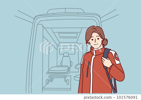 Woman EMS paramedic proudly stands by ambulance before leaving as patient in need of treatment 101576091