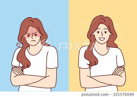 Two emotionally opposite women are sad or happy for concept of bipolar disorder affecting mood 101576099