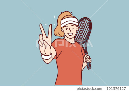 Woman tennis player demonstrates victory gesture before tournament or championship Woman tennis player demonstrates victory gesture before tournament or championship 101576127