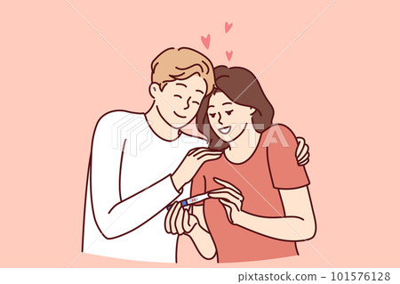 Happy couple with pregnancy test rejoices to see result predicting birth of child Happy couple with pregnancy test rejoices to see result predicting birth of child 101576128