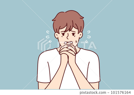 Excited man makes gesture of praying asking lord for help in solving problems that have arisen 101576164