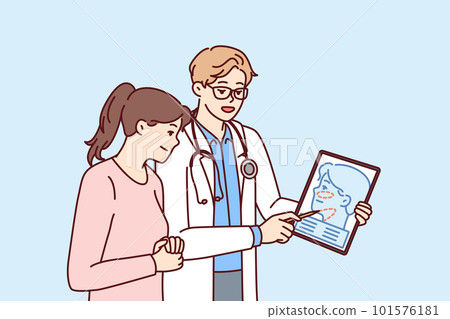 Man plastic surgeon consults woman patient demonstrating tablet with ways to tighten skin 101576181