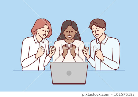 Team of excited friends sitting near laptop and watching football match together 101576182