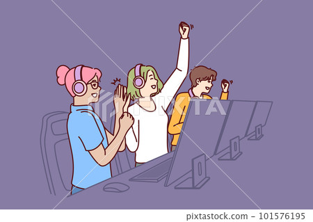 Team of delighted esports players participating in gamer competition in multiplayer game or MMORPG Team of delighted esports players participating in gamer competition in multiplayer game or MMORPG 101576195