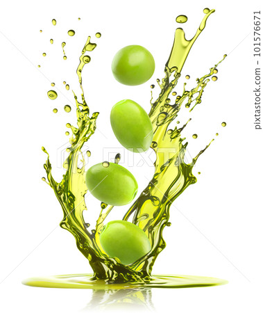 Green olives falling into olive oil with a splash isolated on white 101576671