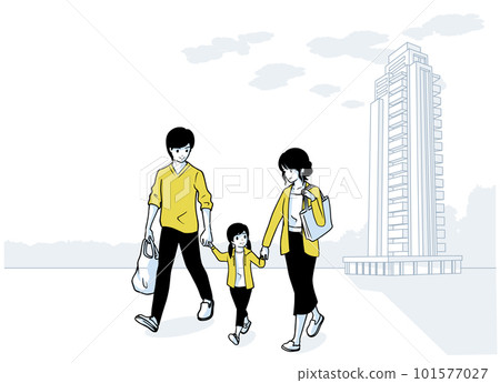 A young couple with their daughter are happily walking with a tower apartment in the background. A young couple with their daughter are happily walking with a tower apartment in the background. 101577027