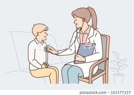 Woman pediatrician uses stethoscope listening to heartbeat of child during pre-school checkup 101577157