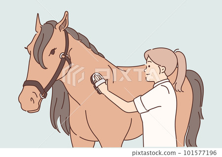 Woman rider takes care of thoroughbred horse by combing animal mane before important races Woman rider takes care of thoroughbred horse by combing animal mane before important races 101577196