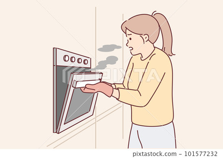 Woman cook opens oven releasing smoke from overcooked meat due to inattention or wrong recipe Woman cook opens oven releasing smoke from overcooked meat due to inattention or wrong recipe 101577232