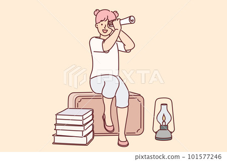 Funny little adventurer girl wants to go on long journey using piece of paper instead of telescope 101577246