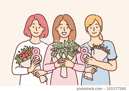 Female with bouquets of flowers presented in honor of International Womens Day and number eight Female with bouquets of flowers presented in honor of International Womens Day and number eight 101577260