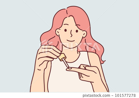 Woman holds pipette with cosmetic product to treat face with regenerating hyaluronic acid  101577278