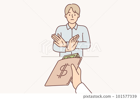 Man official shows stop gesture refusing to take bribe and does not want to become corrupt placeman 101577339
