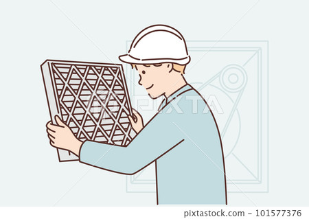 Man holding air conditioner replacement filter doing preventive maintenance or repairing HVAC Man holding air conditioner replacement filter doing preventive maintenance or repairing HVAC 101577376