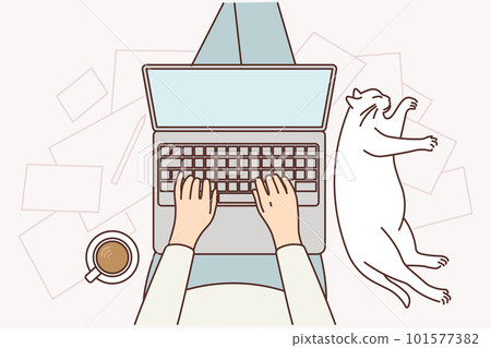 Human with laptop on knees sits on floor doing online work near sleeping cat and cup of coffee Human with laptop on knees sits on floor doing online work near sleeping cat and cup of coffee 101577382