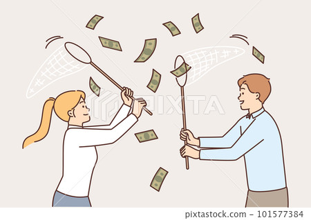 Business people catching money falling from sky using net for easy earning or casual income concept Business people catching money falling from sky using net for easy earning or casual income concept 101577384