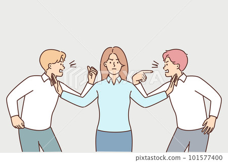 Two men colleagues quarrel over disagreements while female manager eliminates conflict 101577400