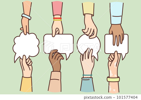 Hands of people with dialogue bubbles symbolizes negotiations with aim of making joint decision 101577404