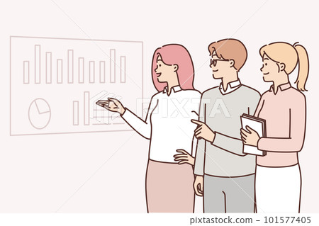 Office workers are discussing marketing performance company looking at display with business charts 101577405