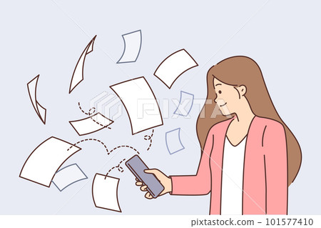 Girl with phone near flying papers symbolizing document management and digitization of paperwork 101577410