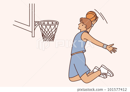 Man basketball player with ball jumps to score goal into net during match against team from college 101577412