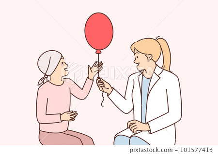 Woman doctor and little girl suffering from cancer with balloon are in oncology clinic Woman doctor and little girl suffering from cancer with balloon are in oncology clinic 101577413