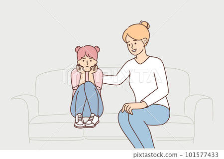 Mother stroking upset daughter on back sitting on couch after quarrel or important conversation Mother stroking upset daughter on back sitting on couch after quarrel or important conversation 101577433
