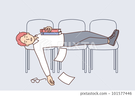 Tired businessman sleeping on chairs lined up due to overworking and lack of rest Tired businessman sleeping on chairs lined up due to overworking and lack of rest 101577446
