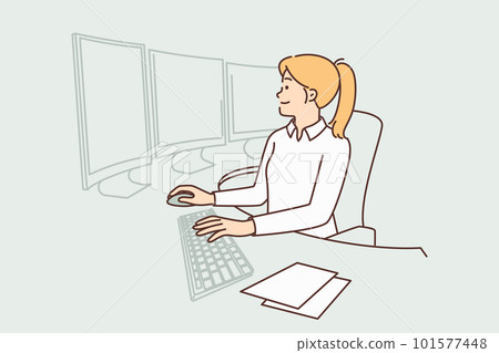 Woman system security specialist sits in monitoring center at table with many displays Woman system security specialist sits in monitoring center at table with many displays 101577448