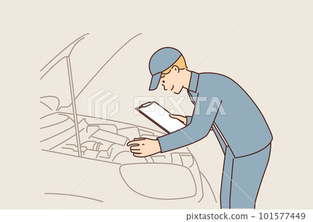Man auto mechanic with clipboard conducts technical inspection of car standing near open hood  101577449