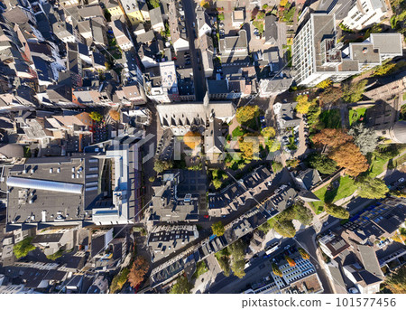 Aerial Drone shot of Andernacher Castle. Towers of the old city wall of Andernach, Germany, Rheinland-Palatinate Aerial Drone shot of Andernacher Castle. Towers of the old city wall of Andernach, Germany, Rheinland-Palatinate 101577456