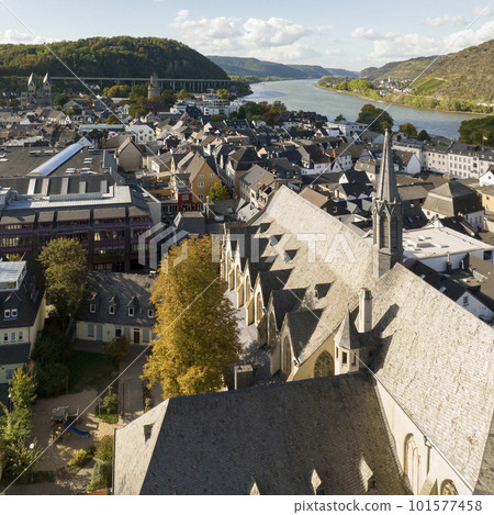 Aerial Drone shot of Andernacher Castle. Towers of the old city wall of Andernach, Germany, Rheinland-Palatinate 101577458