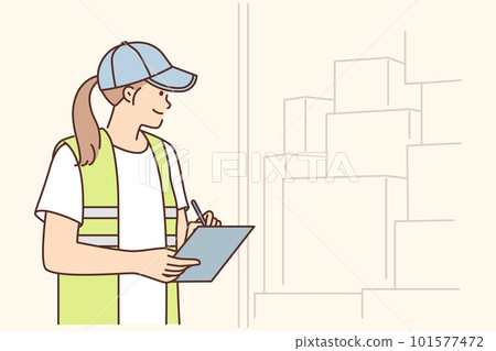 Warehouse manager woman doing inventory counting boxes in warehouse or truck and holding clipboard 101577472