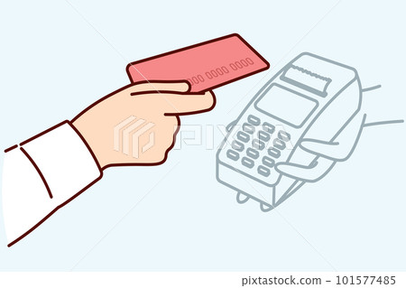 Bank card and POS terminal in hands of person for accepting contactless payment at checkout of store Bank card and POS terminal in hands of person for accepting contactless payment at checkout of store 101577485