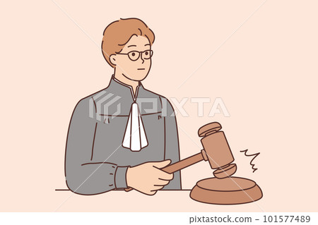 Man judge hitting with wooden gavel sign of final decision and pronouncement sentence for criminal Man judge hitting with wooden gavel sign of final decision and pronouncement sentence for criminal 101577489