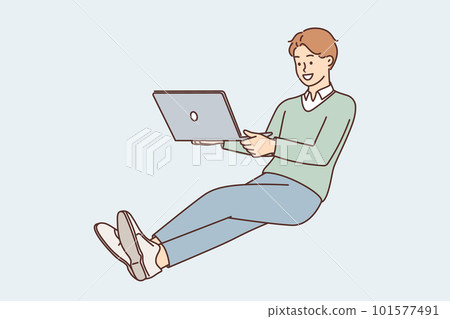 Business man with laptop on lap hovers in zero gravity doing work remotely via Internet Business man with laptop on lap hovers in zero gravity doing work remotely via Internet 101577491
