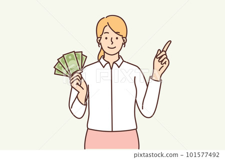 Woman with banknotes of cash in hands offering to attend training seminar by business trainer  101577492