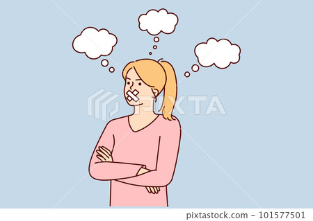 Woman with mouth sealed stands with arms crossed arranging boycott due to resentment or censorship Woman with mouth sealed stands with arms crossed arranging boycott due to resentment or censorship 101577501