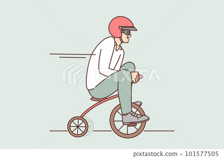 Funny man drives miniature bicycle while rushing to meeting or relaxing in spare time 101577505