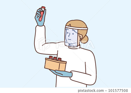 Woman nurse holds test tube with patient blood to make analysis for presence of virus or infection Woman nurse holds test tube with patient blood to make analysis for presence of virus or infection 101577508