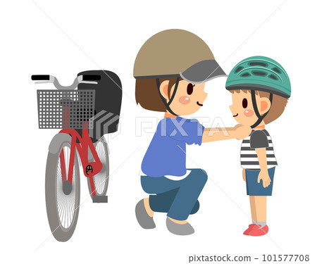 A mother wearing a bicycle helmet on her child - Stock Illustration  [101577708] - PIXTA