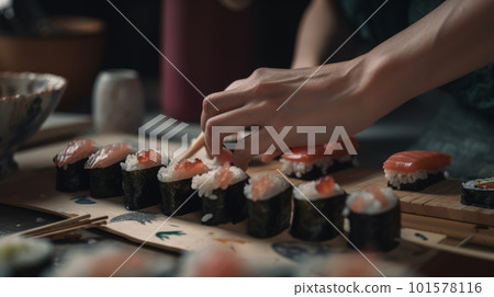 Preparing Sushi in a Japanese restaurant - made with Generative AI Preparing Sushi in a Japanese restaurant - made with Generative AI 101578116