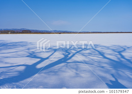 Lake Abashiri in winter Blue sky reflected on the frozen surface of the lake 101579347